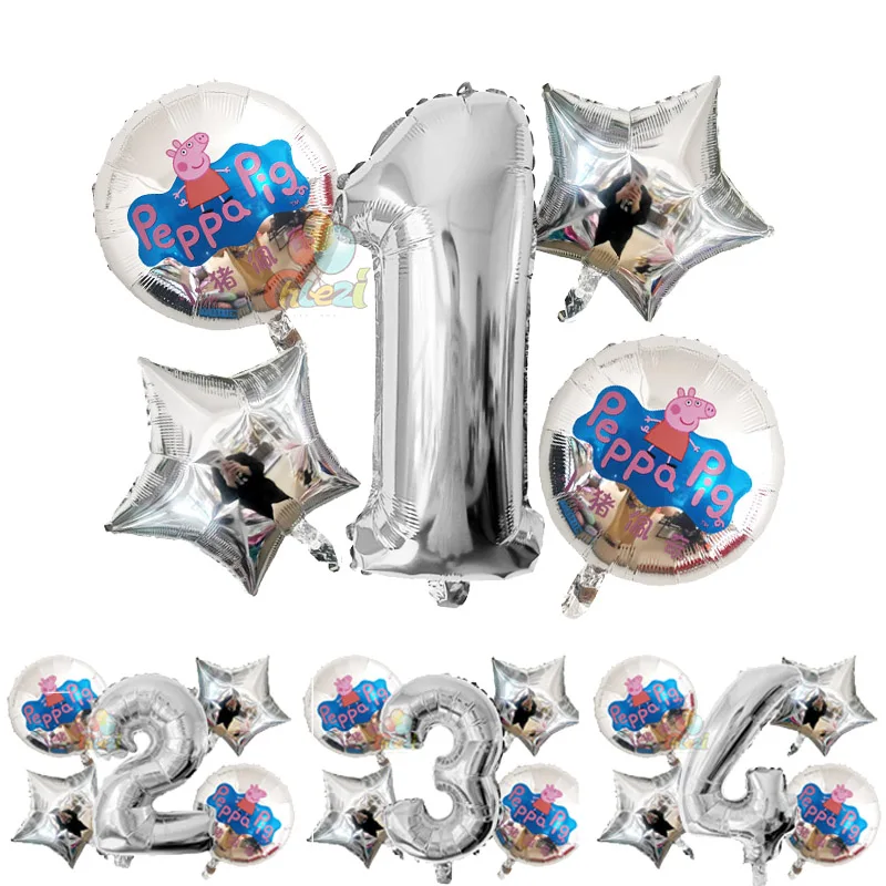 silver 1 5 шт. PEPPAPIG синий Джордж День рождения воздушные шары Декор на возраст 1, 2, 3, номер рождения globos розового и голубого цвета с изображением свинки baby shower игрушки, принадлежности для вечеринок - Цвет: silver 1