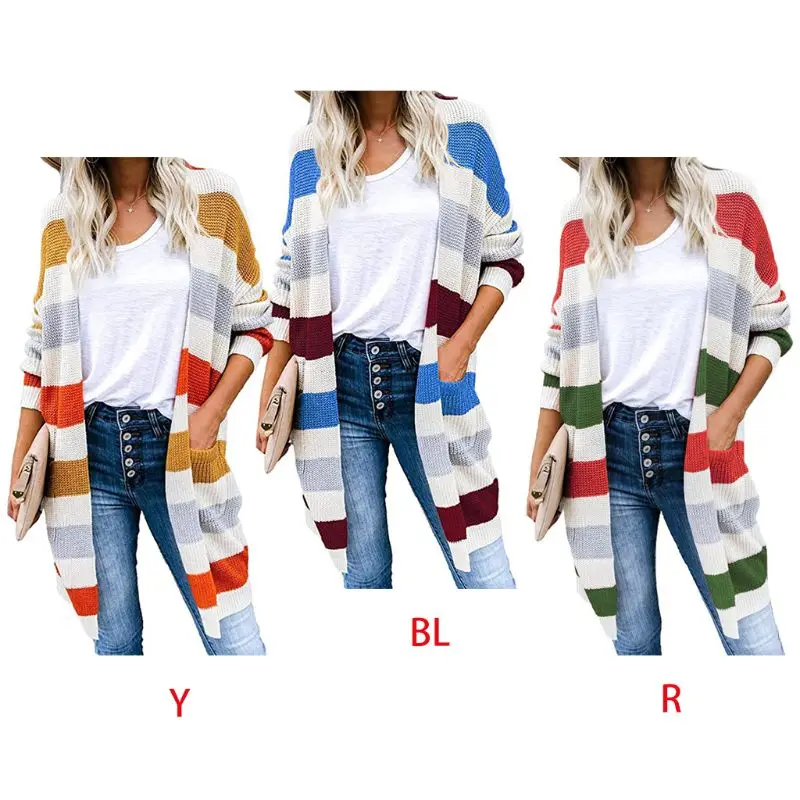 Женский кардиган до колена с длинным рукавом Цветной полосатый свитер открытой