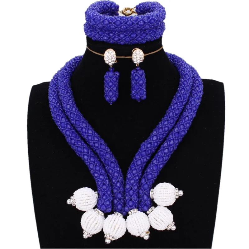 Dudo Store African beads Jewelry Set Royal Blue and White Beaded Balls Jewellery Set 2020 Earrings Bracelet Necklace Set