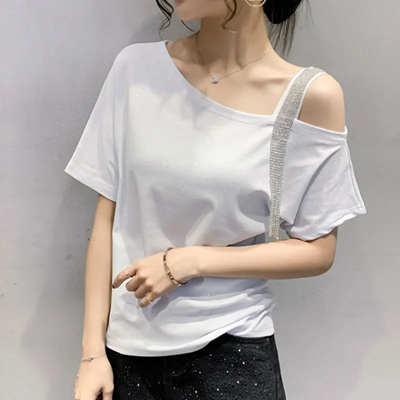 

2021 Summer Short Sleeve Diamonds White Women's Tshirts Korean Fashion Casual Solid Soft Cotton T-shirts Tee Shirt Female Tops