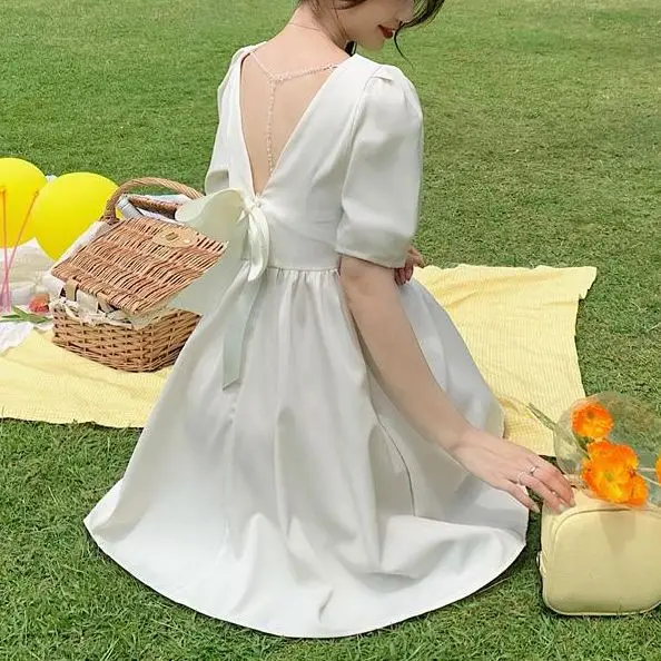 

Sweet And Cute Kawaii Bow Dress Women'S French Summer Y2k Women'S Fashion Ins Elegant Puff Sleeve Halter High Waist Dress Women