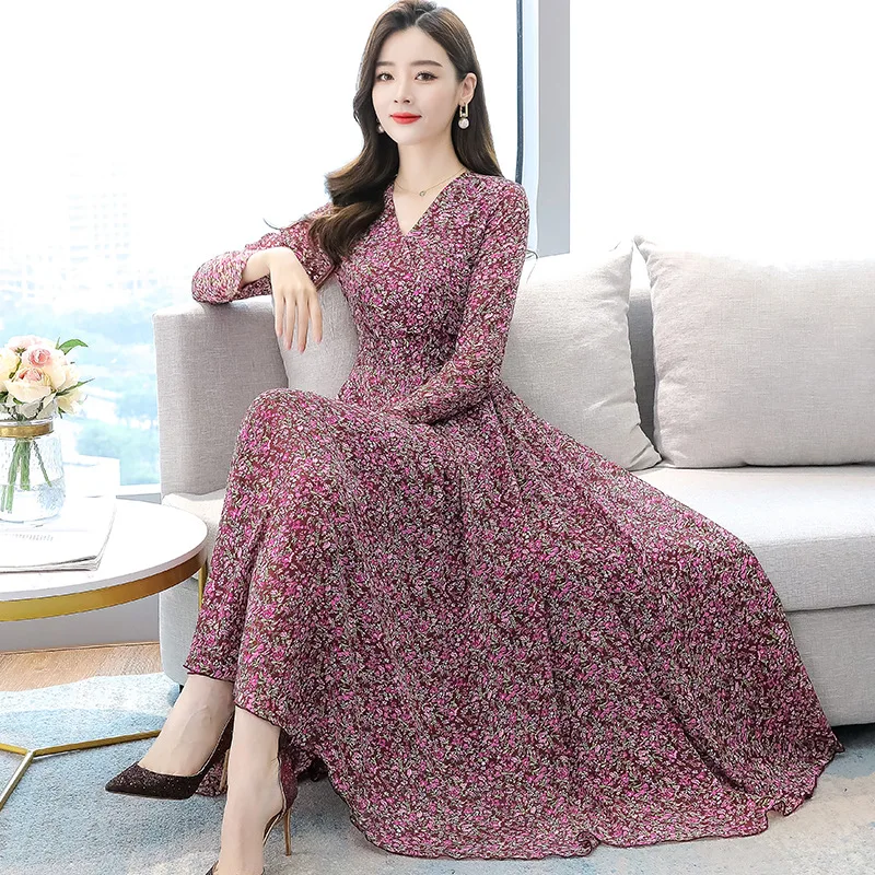 

Spring and autumn Korean version of large-size shredded flower long-sleeved chiffon dress masculinity trim over the knee long
