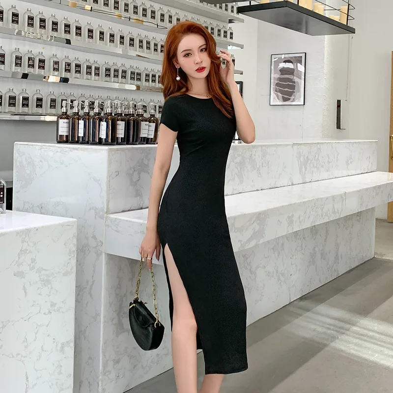

High-end Women O Neck Short Sleeve Elegant Dresses Vintage Split Knitting Dress Spring Sexy Party Bodycon Office Sheath Dresses