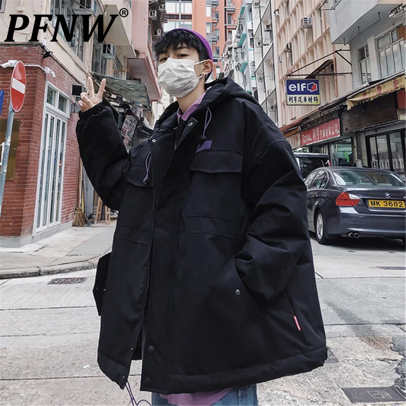 

Мужская одежда PFNW, Корейская зимняя новая одежда с капюшоном и хлопковой подкладкой, модное универсальное свободное Мужское пальто для под...