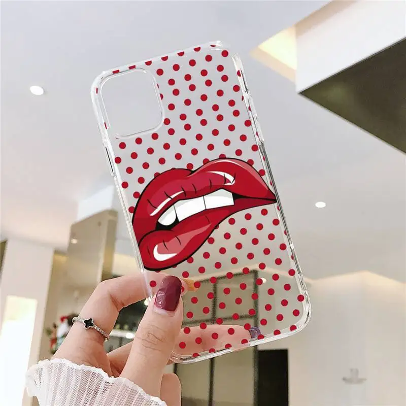 

Sexy lady make up Pink Red lips rolling Phone Case Transparent for iPhone 6 7 8 11 12 s mini pro X XS XR MAX Plus SE cover funda