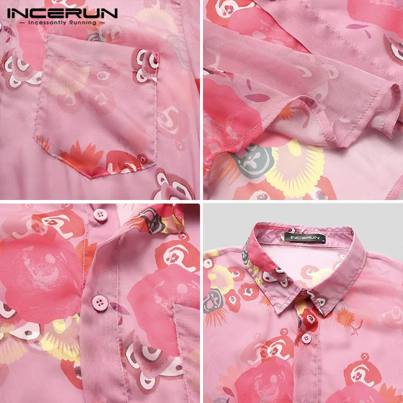 

Printed Men Mesh Shirt See Through Short Sleeve Lapel 2021 Beach Hawaiian Shirts Streetwear Casual Tops Party Camisas INCERUN