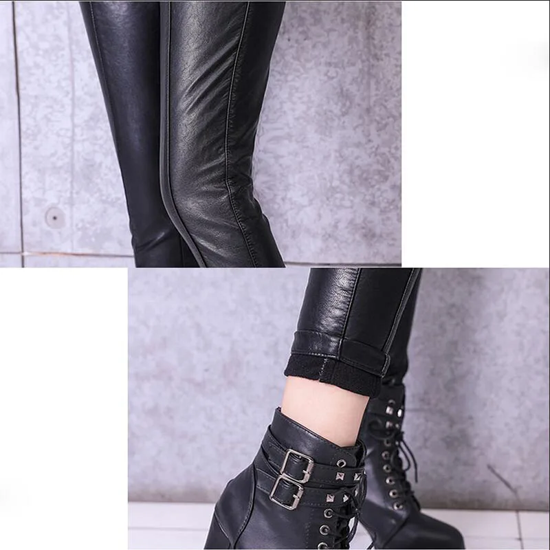 

Plus Velvet Thick Leather Pants 2021 Winter Warm Women Leggings High Waist Bright Black Skinny Leggings Feet Pants with Belt