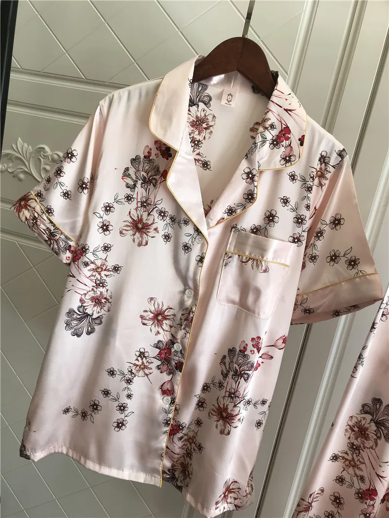 Женская шелковая атласная пижама пижамный комплект с коротким рукавом Пижама