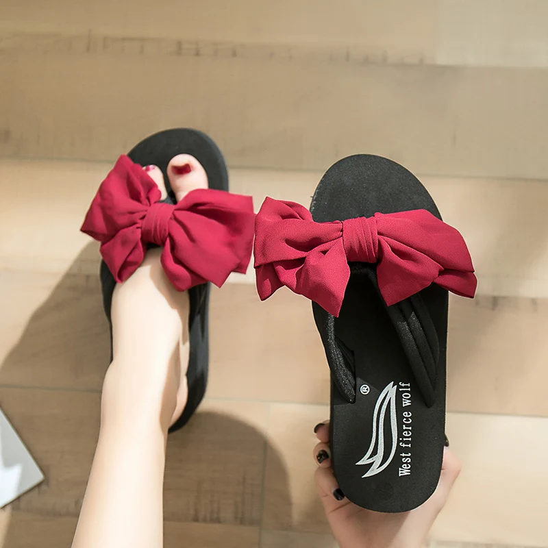 Шлепанцы женские на танкетке повседневные Нескользящие сланцы с бантом высоком