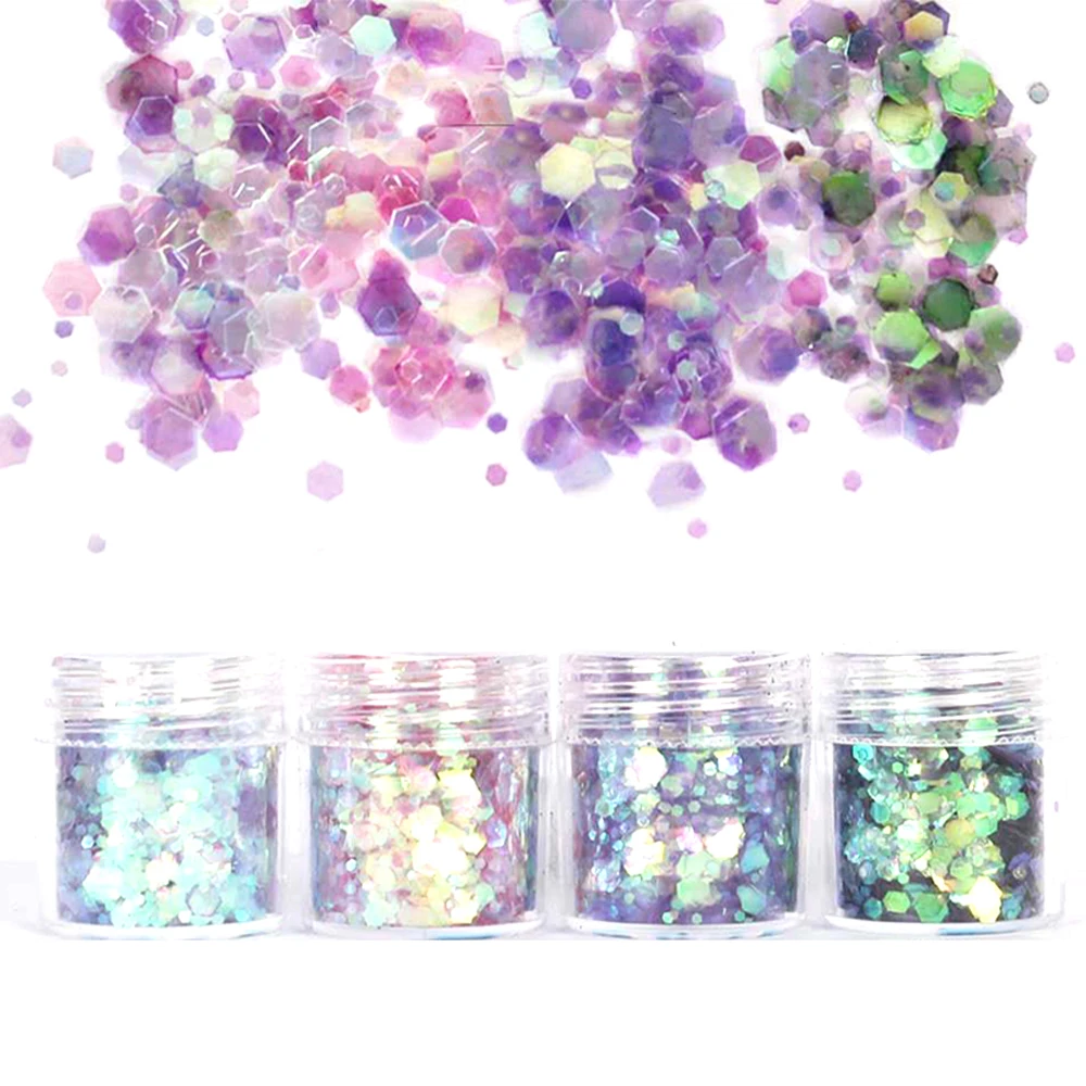 

10ml Box Nail Mixed Flake Powder 4 Box/set Chunky Holographic Hexagon Glitter Flake DIY Nail Tip Art Flakes Decoration Accessory