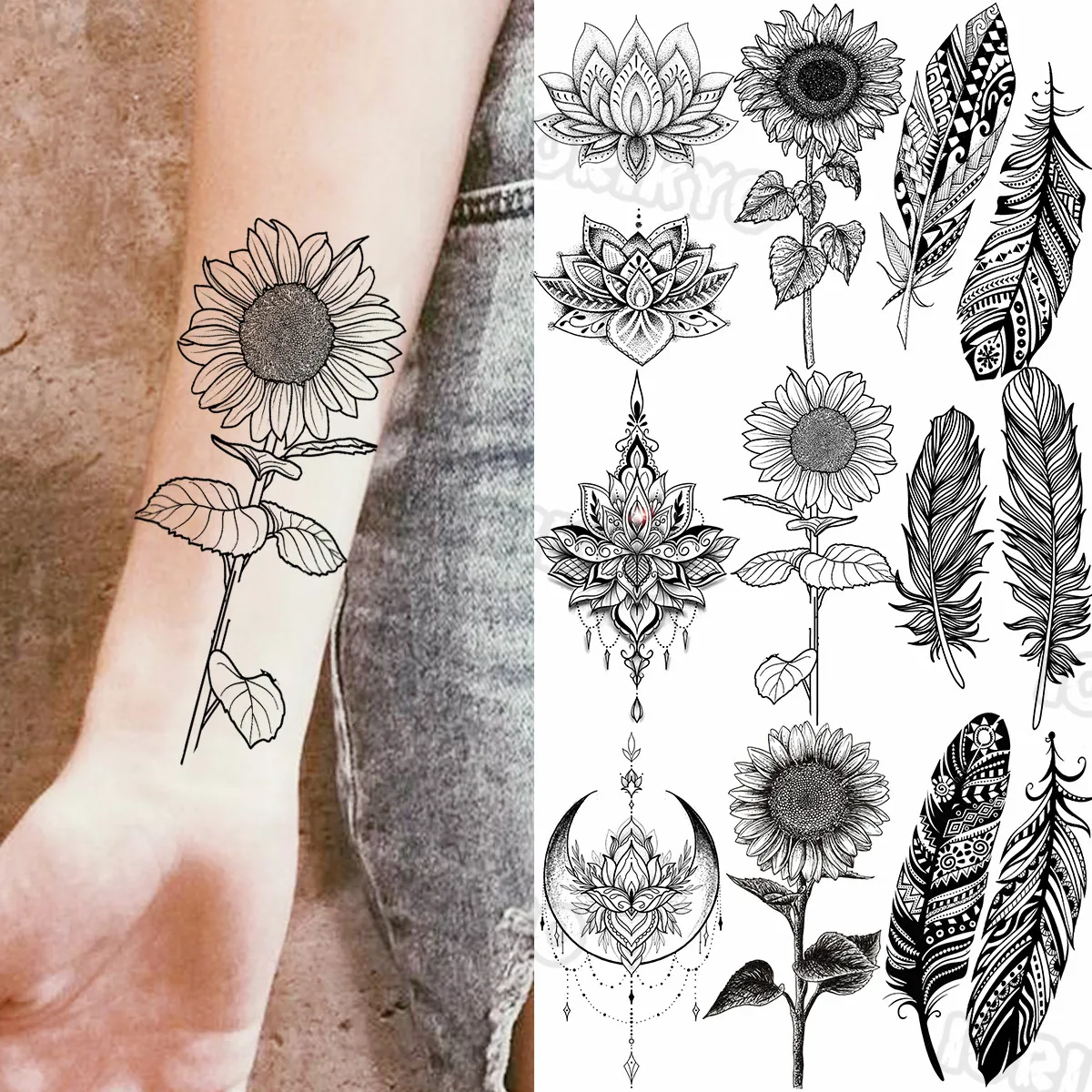 

Pencil Sketch Sun Flower Temporary Tattoos For Women Girls Realistic Feather Henna Fake Pendant Tattoo Sticker Forearm Tatoos 3D