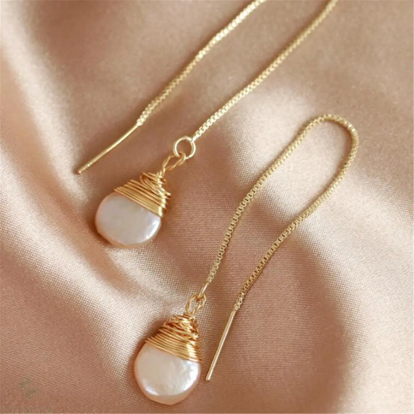 

14-16mm White Baroque Pearl Earrings Gold Ear Drop Dangle Flawless Real Hoop Wedding Cultured Mesmerizing AAA Irregular Luxury