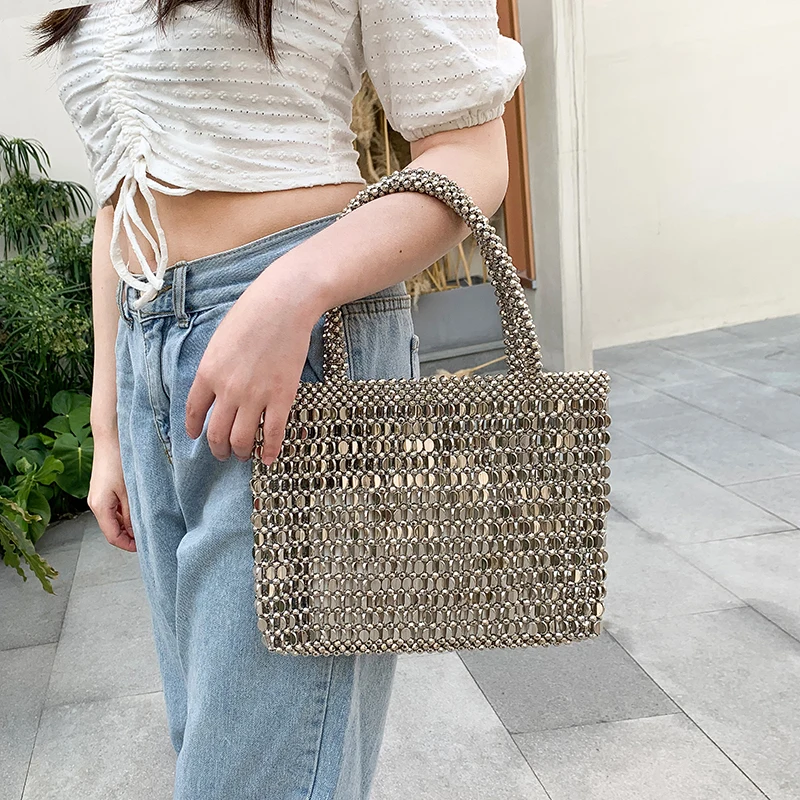 

Pearl Bag Beaded Box Totes Bag Women Party Elegant Vintage Handbag Summer Luxury Brand Silver Knitting Bag Drop Shipping