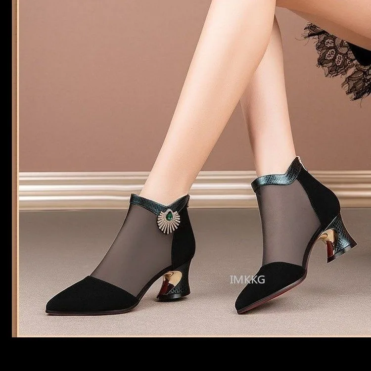 Босоножки женские сетчатые с острым носком на высоком каблуке молнии со стразами