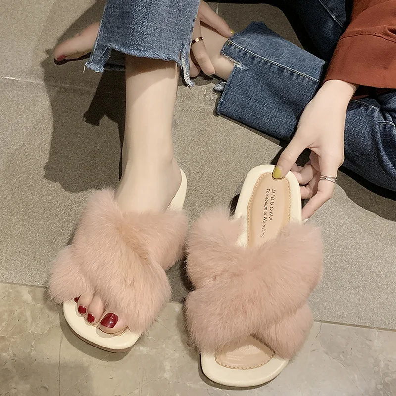 Милые пушистый кролик меховые шлепанцы летние пляжные сандалии пушистая
