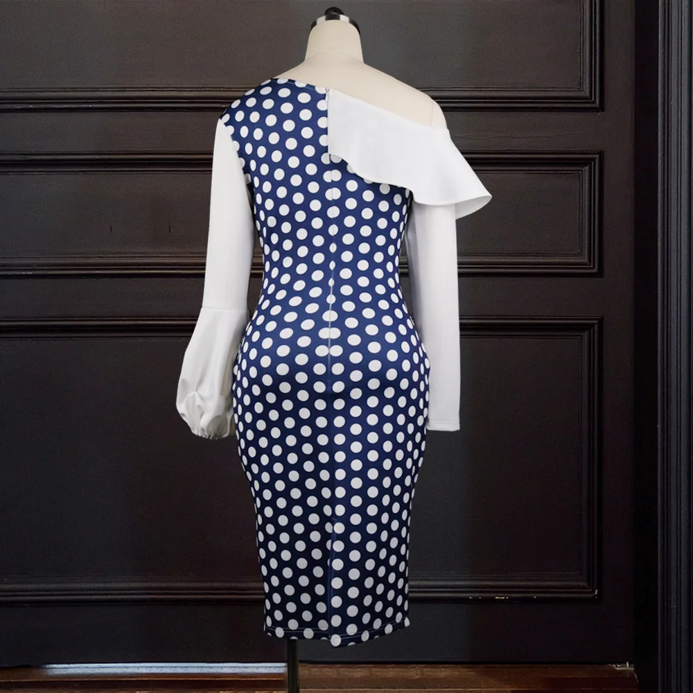 

Women Polka Dot Printed Dress One Shoulder Irregular Patchwork Ruffles Long Sleeve Plus Size Slim Bodycon Party Birthday Robes