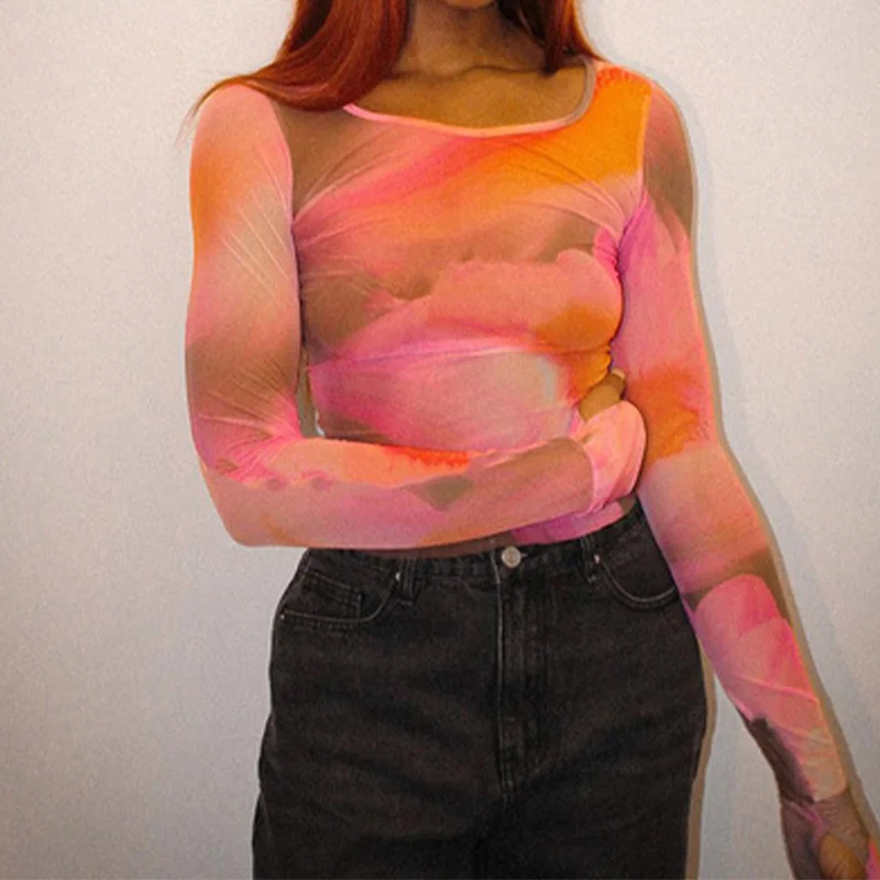 

Long Sleeve Net Yarn Transparent Summer Ladies Sexy &Club New All-Match Retro See-through Female Crop Top Perspective Polyester