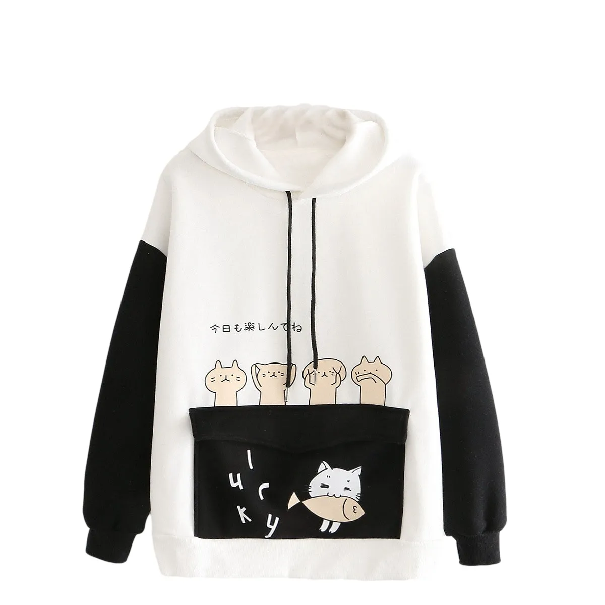 Women Fashion Hooded Cat Cute Cotton Sleeve Tops Blouse Fashion Sweatshirt