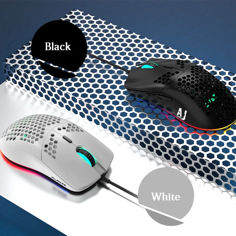 

AJ390 Gaming Mouse with 16000 DPI Optical Sensor RGB Lighting 7 Keys Honeycomb Hollow Design Buttons Wired Mouse for Office Game