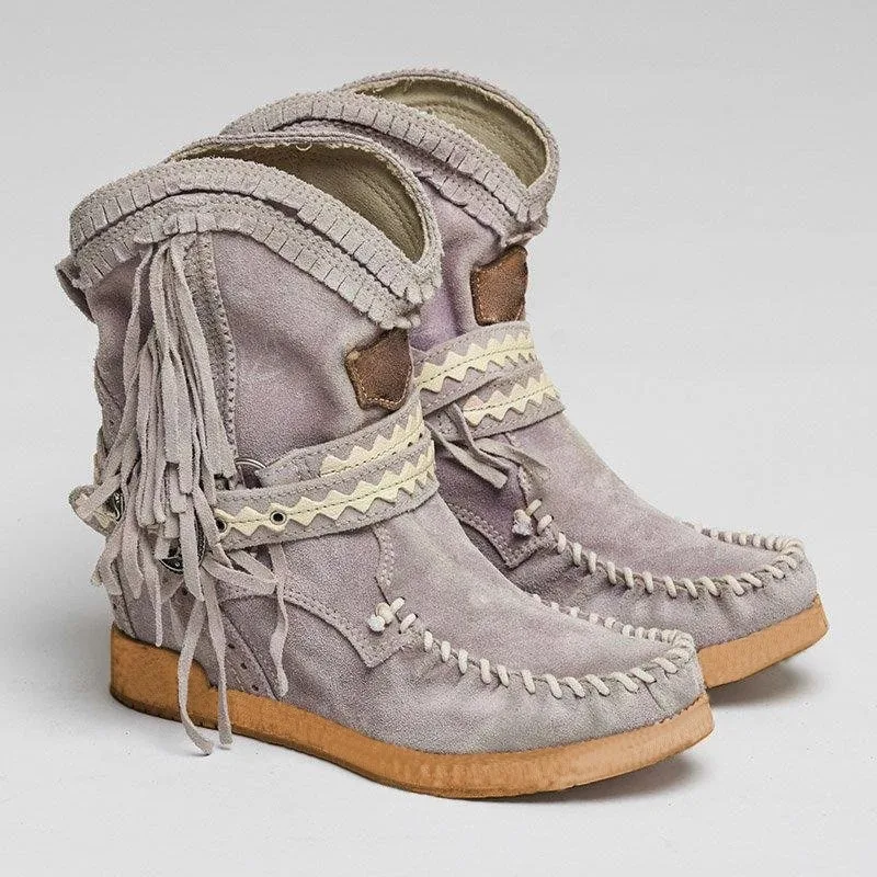Dropshipping Women Ankle Short Boots Tassels Round Toe Buckle Strap Boots Ethnic Warm Non-slip Boots Shoe For Ladies Botas Mujer