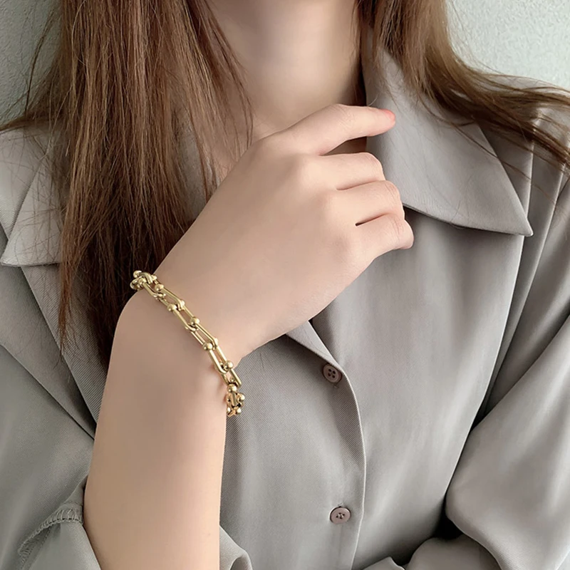 

RHYSONG Stainless Steel Gold Thick Pin Link Hand Chain U Shape Splicing Bracelet For Women Fashion Jewelry New Arrival SL26