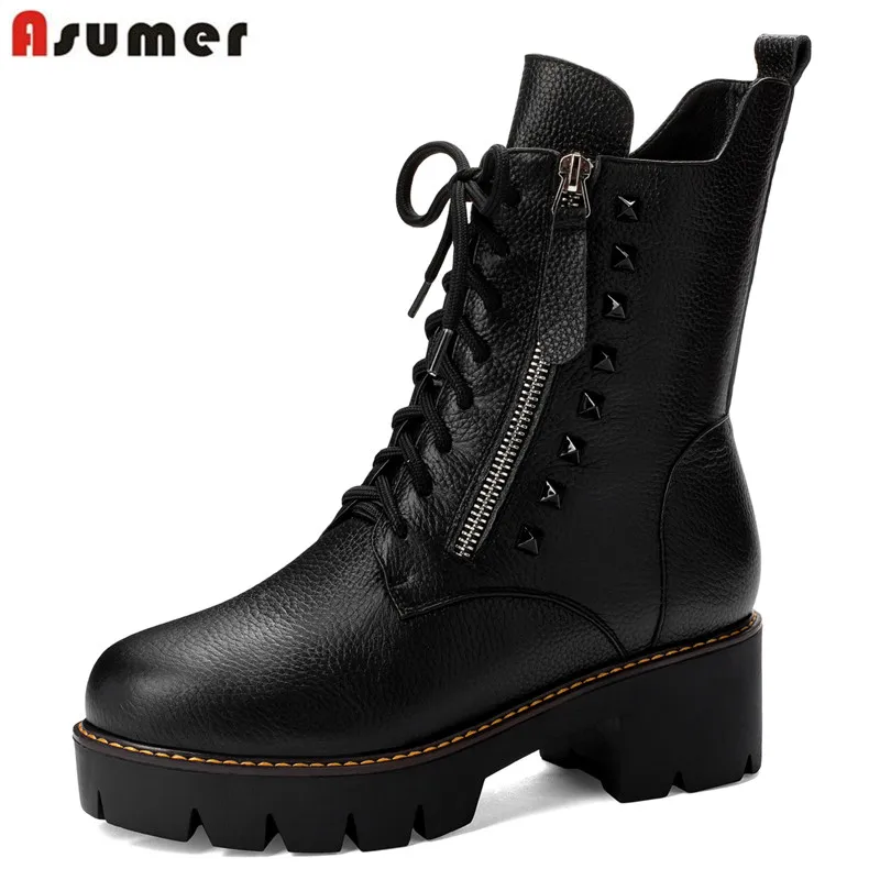 Женские ботильоны из натуральной кожи ASUMER черные мотоциклетные ботинки на