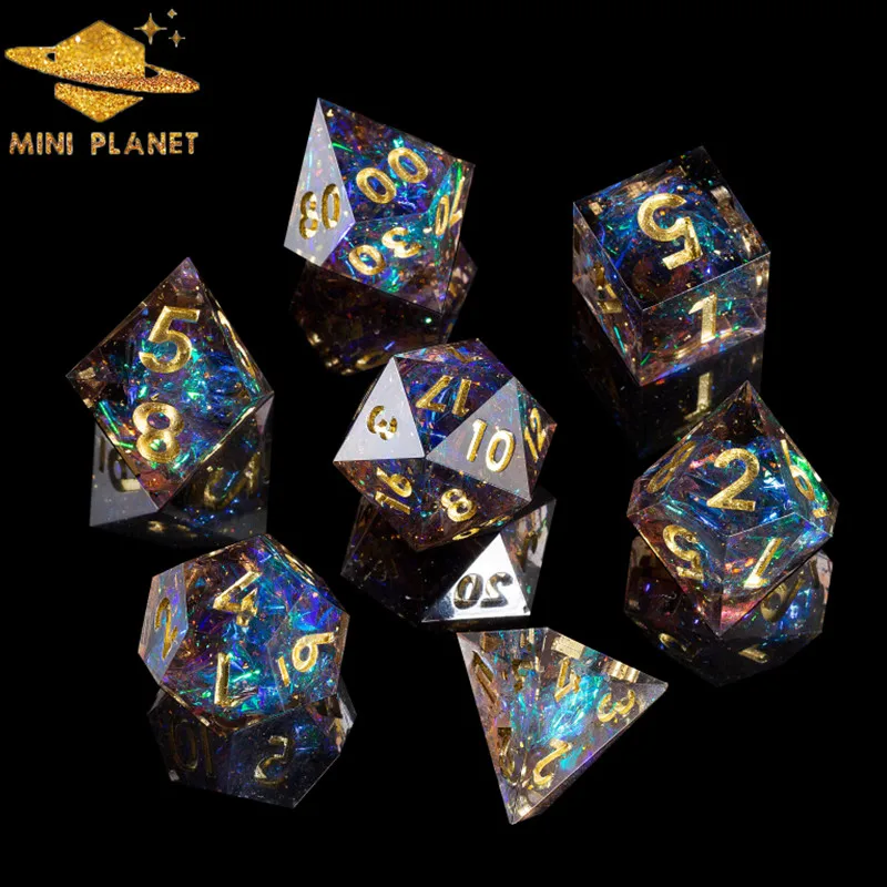 

7pcs/set Polyhedral Dice Set Mini Planet Handmade Unique Designed DND Dice Box Set Sharp Edge For Table Games Galaxy Dark Dice