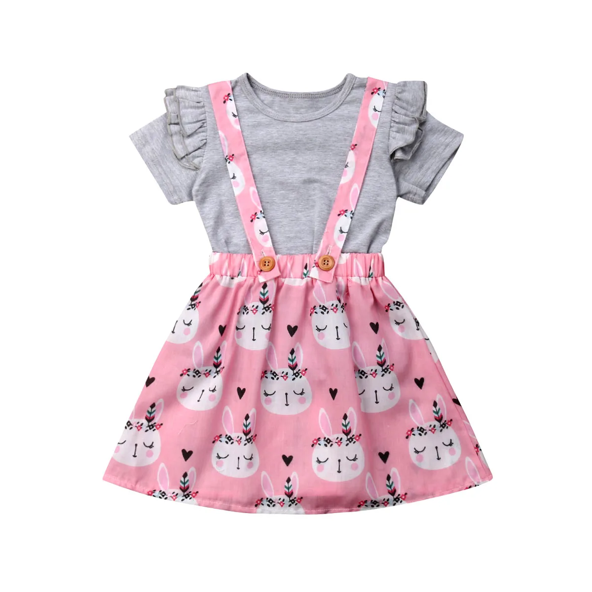 

CANIS Baby Girls 2Pcs Clothes Sets Summer Fly Sleeve T-shirt Tops + Rabbit Print Suspender Skirt Easter Outfits