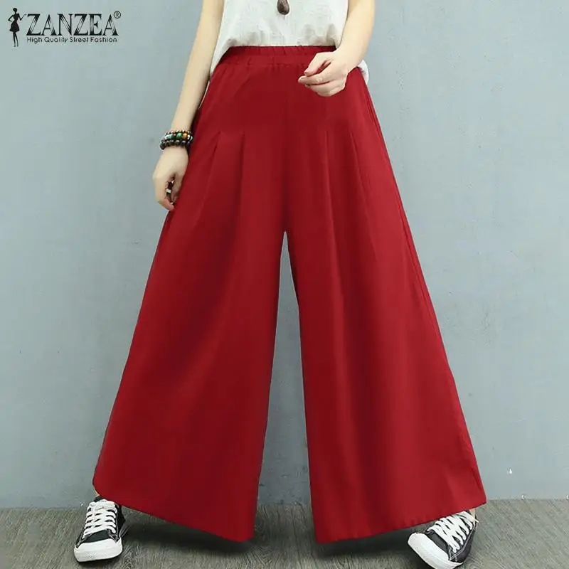 

Женские однотонные длинные брюки большого размера ZANZEA, повседневные брюки с широкими штанинами, Осенний элегантный винтажный комбинезон з...