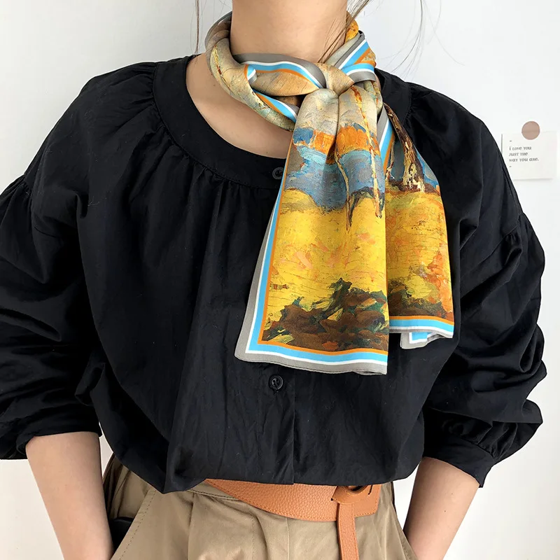 

Oil Painting 100% Silk Ribbon Ring Scarf Neck Head Hair Scarves Wraps Soft Smooth Double Layer 145*15cm