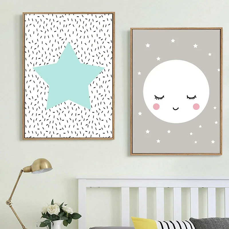 Розовое Сердце Луна Звезда настенное Искусство Холст плакат Kawaii Мультфильм