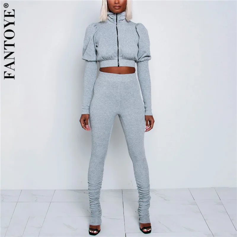 FANTOYE Casual Black Turtleneck Two Piece Set Jumpsuit Women Cotton Puff Sleeve Crop Top And Pants Elastic Sweatshirt Suits | Женская