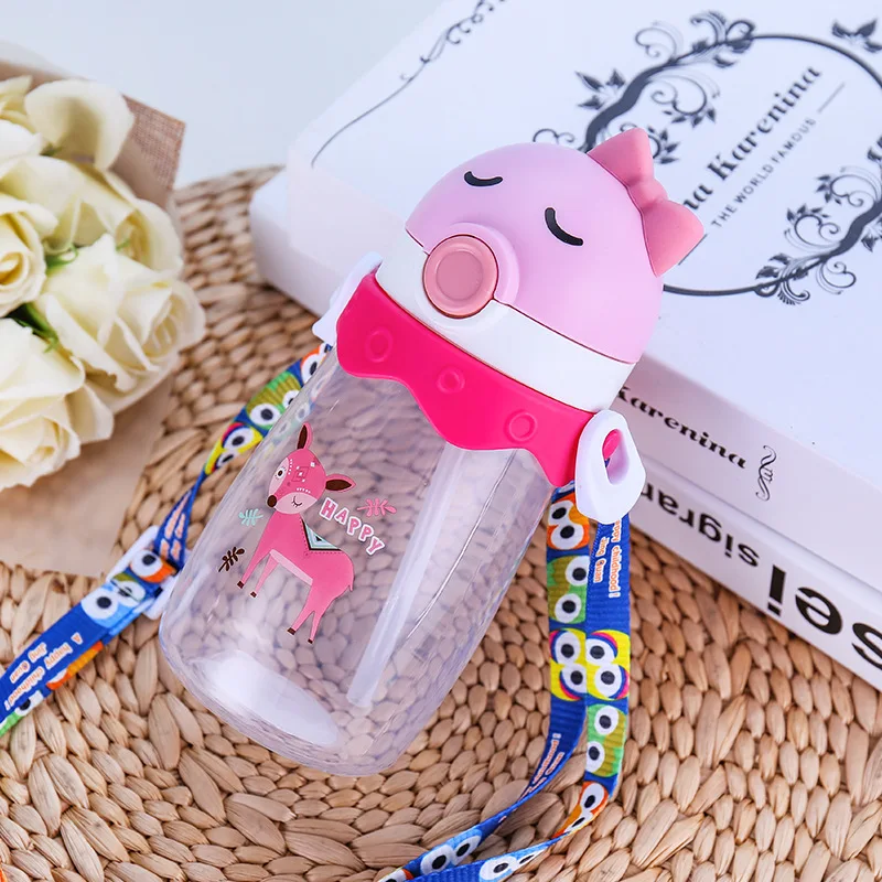 

New children's plastic straw cup cute cartoon pp learn to drink cup strap baby leak-proof suction bottle