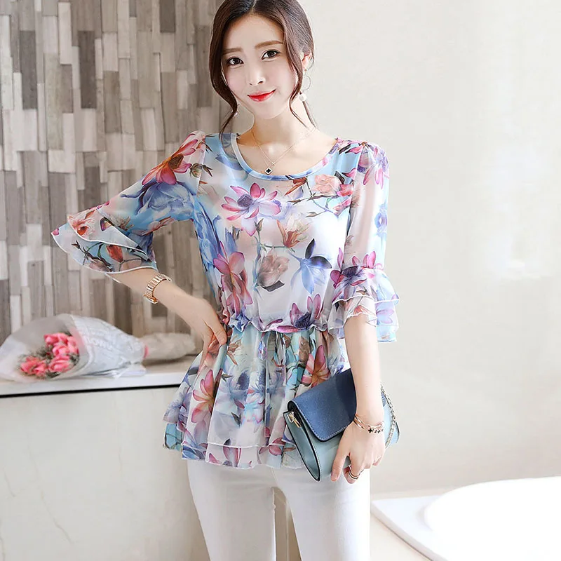 Женская шифоновая блузка с цветочным принтом и круглым вырезом|Рубашки| |