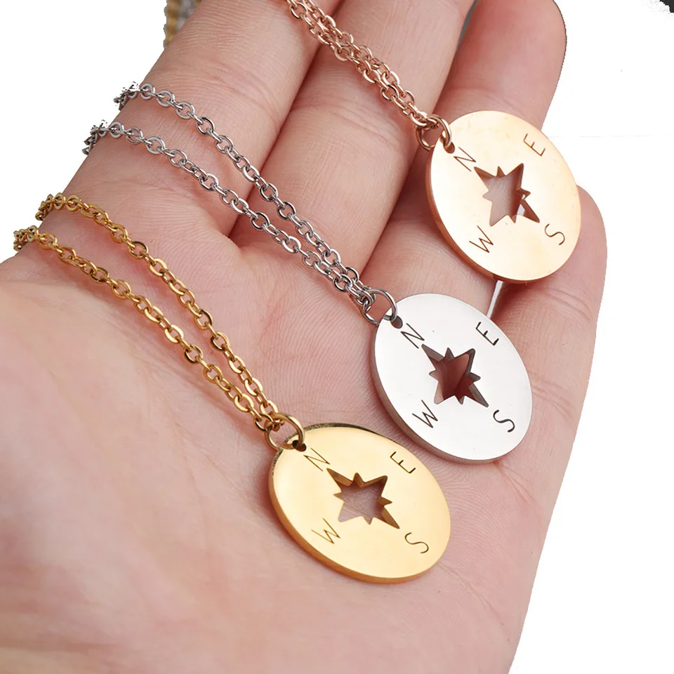 Classic Compass Stainless Steel Necklace for Women Lover's Gold and Silver Color Tiny Round Pendant necklace Jewelry | Украшения и