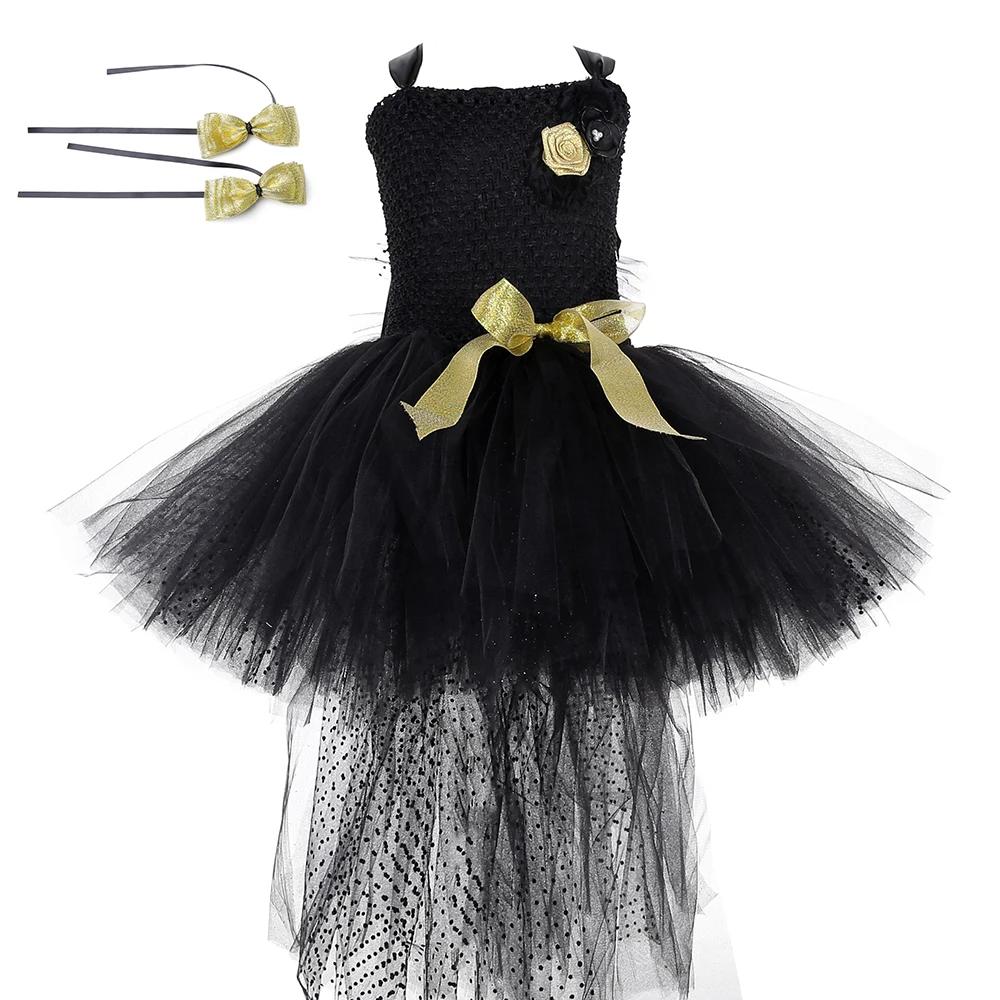 Черное платье-пачка для девочек со шлейфом золотые цветы Тюлевое платье на