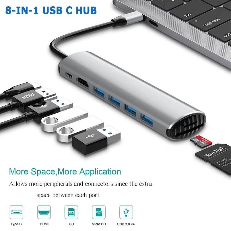 

8 in 1 Type C Hub To HDMI Adapter 4K Thunderbolt 3 USB C Hub with 4 USB 3.0 TF SD Reader PD RJ45 for MacBook Pro Huawei Mate 20