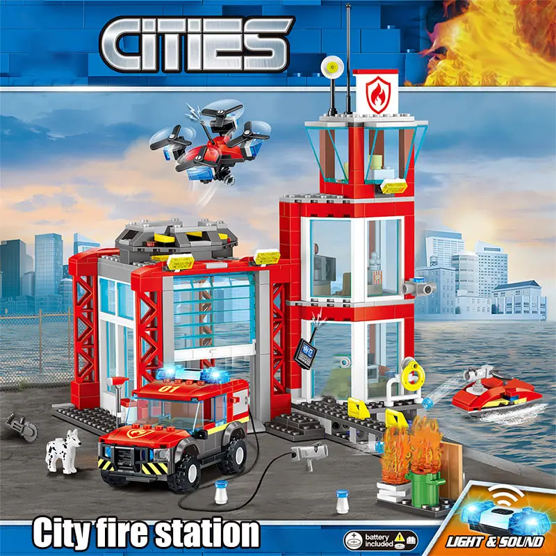 537pcs Fire Fighting Car Building Blocks Compatible City Department Helicopter Boat Figures Bricks Children Toys | Игрушки и хобби