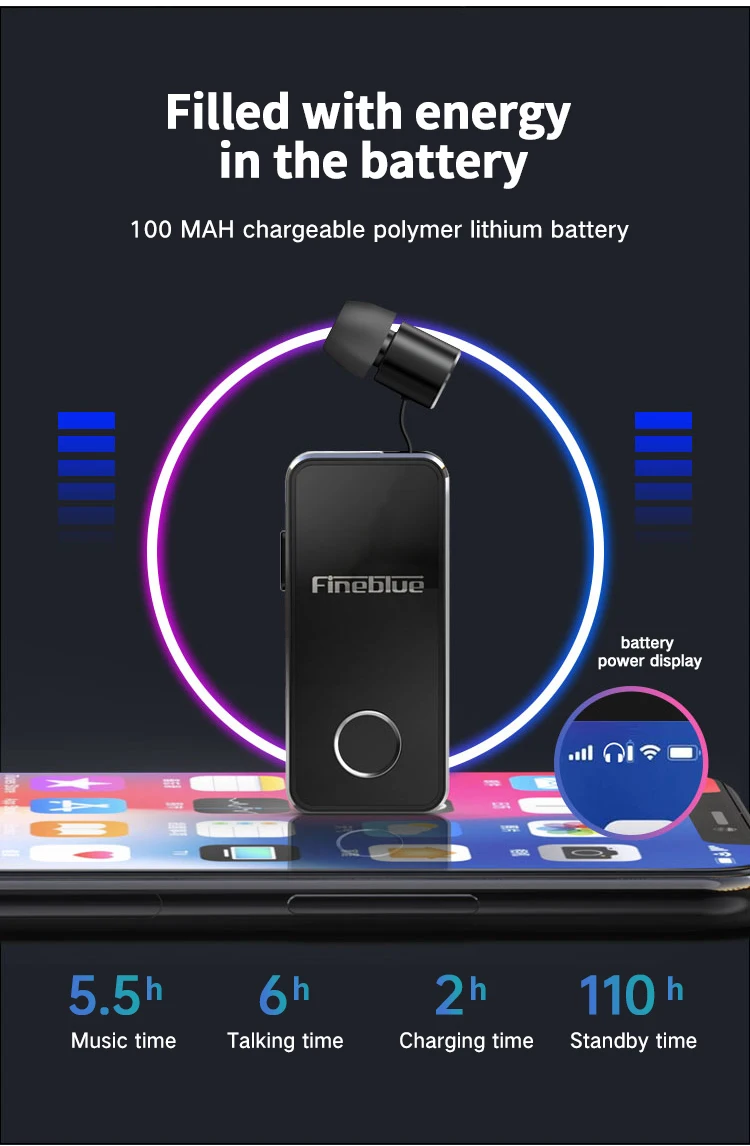 FineBlue F2 беспроводные Bluetooth V5.0 наушники с вибрирующим оповещением и зажимом для смартфона, музыкальная гарнитура