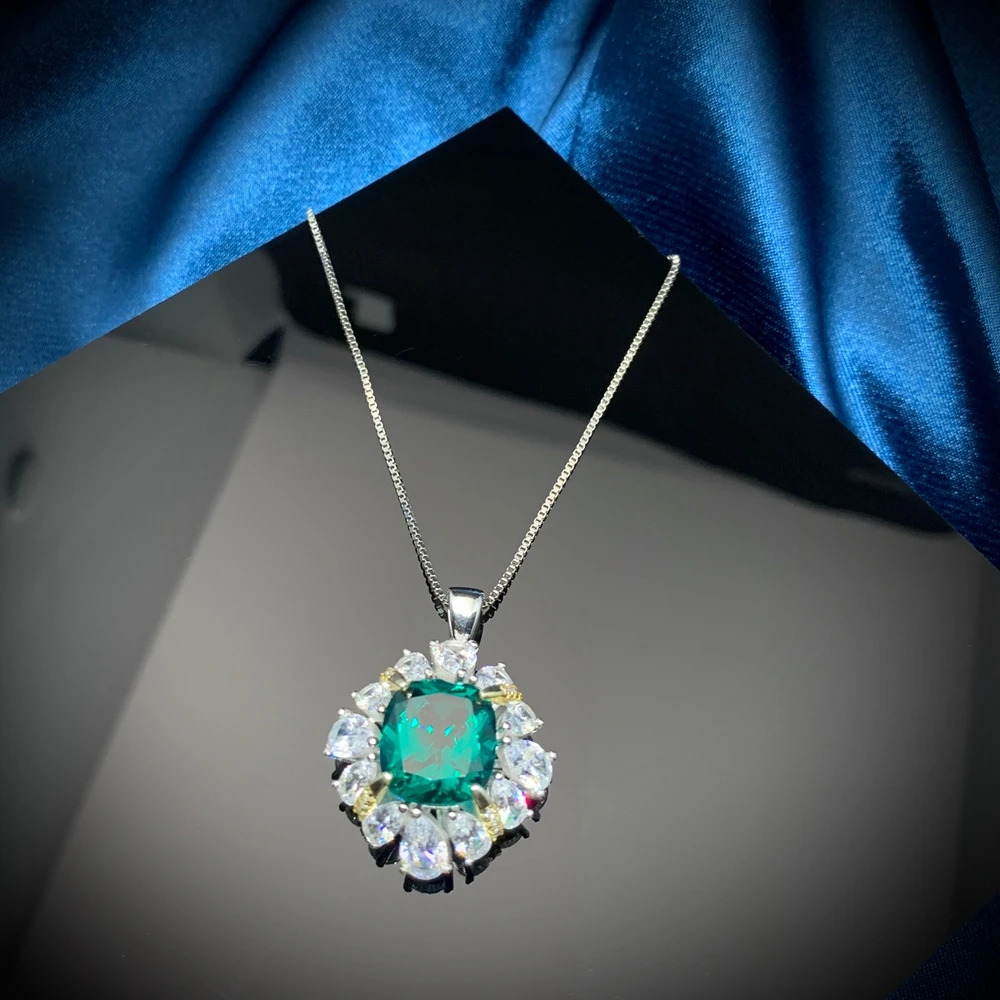 

Wong Rain 10*11 MM 925 Sterling Silver Created Moissanite Emerald Gemstone Wedding Anniversary Pendant Necklace Fine Jewelry