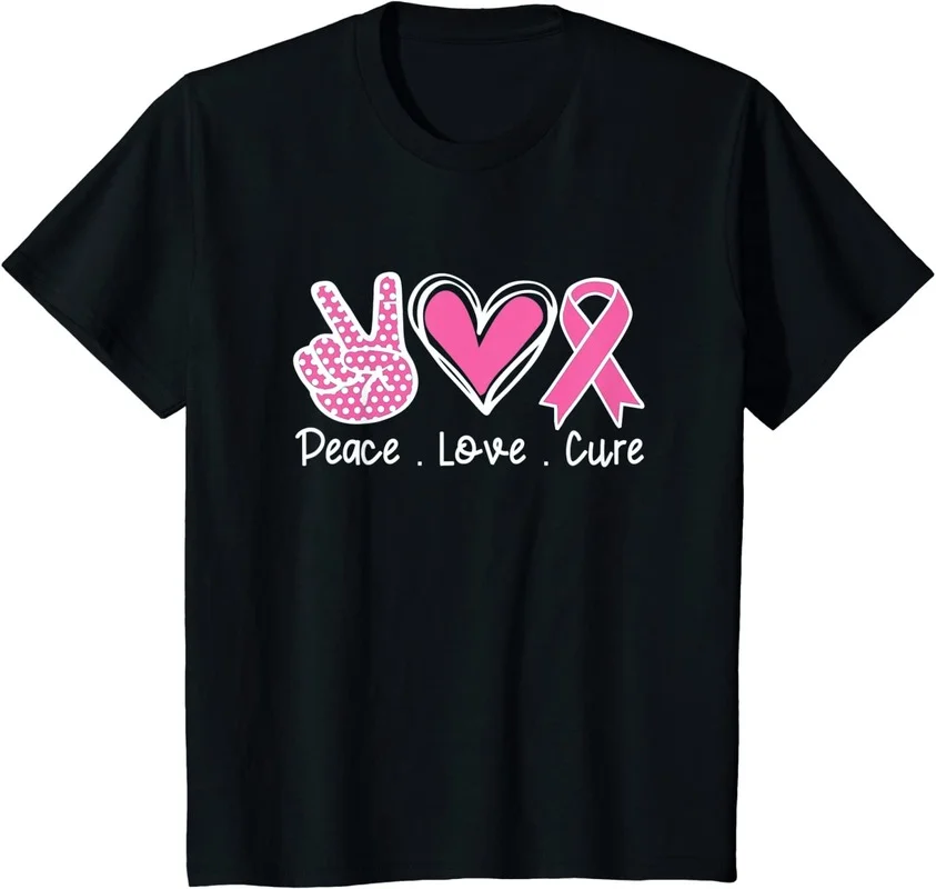 

Breast Cancer Awareness Costume Pink Peace Love Cure Faith T-Shirt Short Sleeve Cotton Polyester T Shirts Female Camisetas