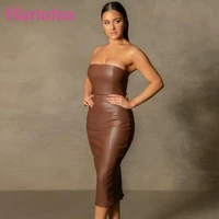karlofea dresses for women 2021 brown faux leather pu clothes sexy strapless long pencil dress party outfits nightclub robe