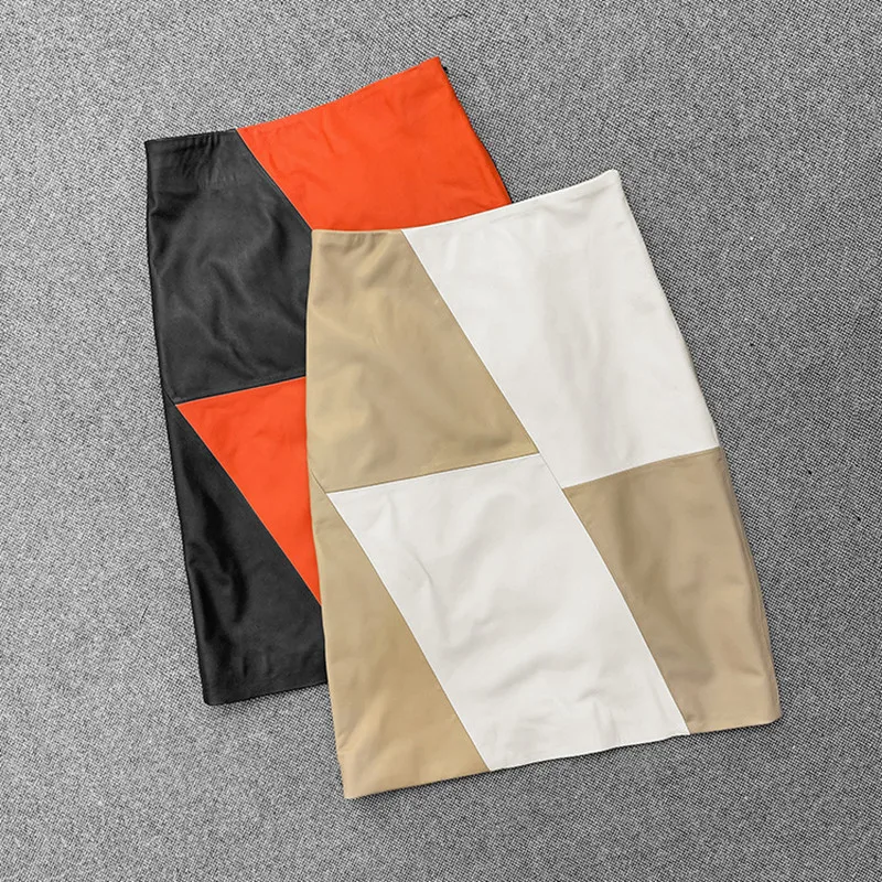 

New 2021 Spring Designer Women High-rise leather patchwork pencil skirt High quality sheepskin genuine leather OL skirt C749