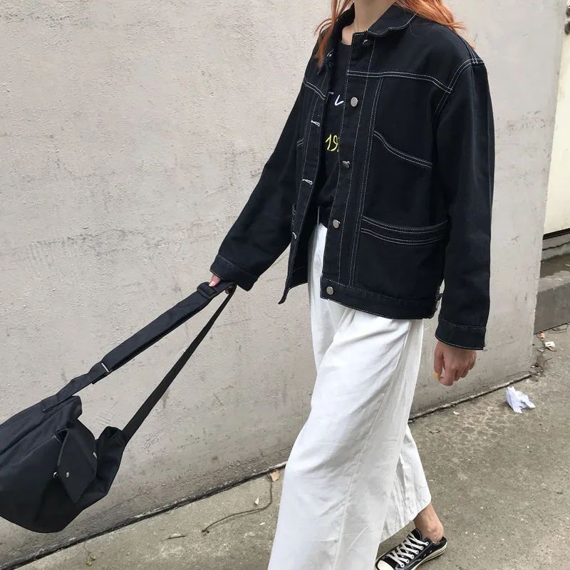 

Denim Jackets for Women Fashion Black Single Breasted Button Casual Coat 2021 Autumn New Korean Loose High Street Jean Outwear
