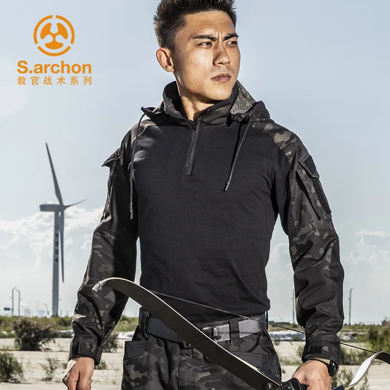 Мужская камуфляжная рубашка из 65% хлопка и 35% Полиэстера с капюшоном длинными