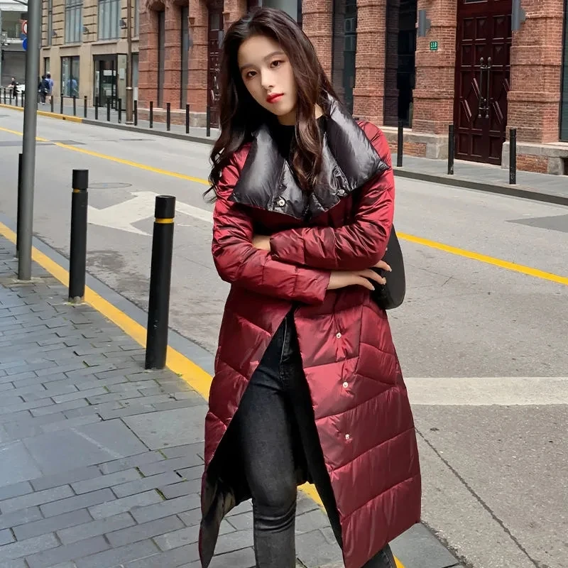 Off-season Clearance Antarctic 2021 Double-Sided Down Jacket Female Autumn Winter Light Mid-lengt Over-the-knee Coat Solid color
