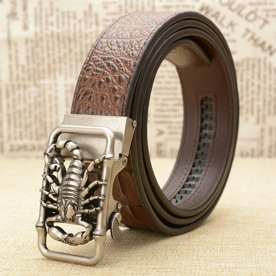 Мужской кожаный ремень с автоматической пряжкой и золотым скорпионом роскошный