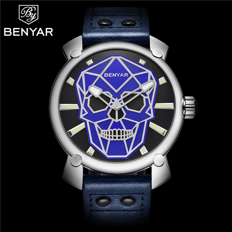 Benyar Роскошные Лидирующий бренд мужские модные креативные часы с черепом бизнес