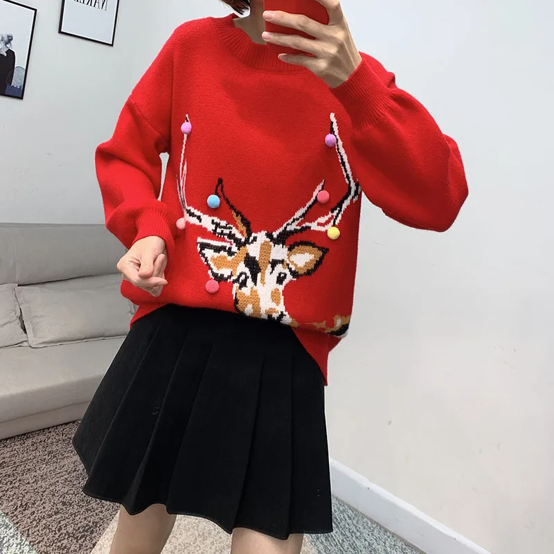 2019 женский Рождественский свитер и пуловеры Новогодняя одежда с круглым вырезом