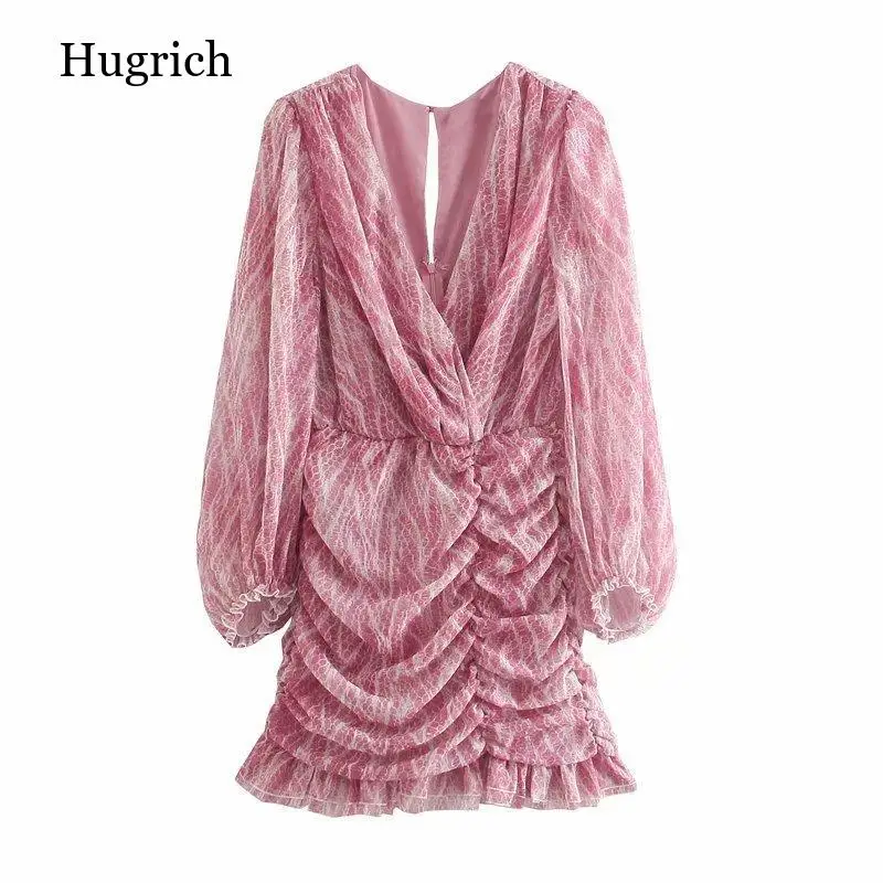 

Women Fashion Animal Print Asymmetric Draped Mini Dress Vintage Long Sleeve Ruffled Female Dresses
